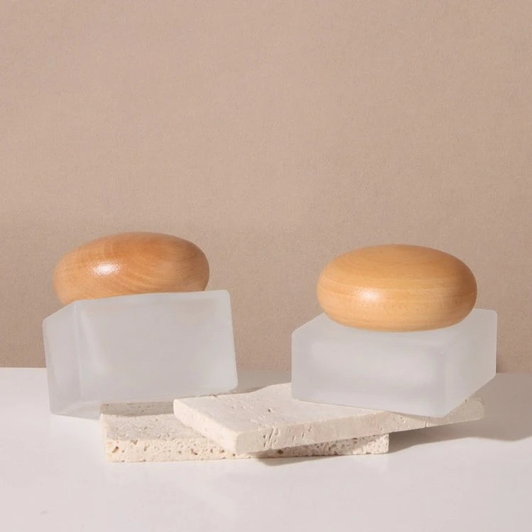 Frosted Glass Lotion Pump Bottle with Wood Cap | 20–120ml Glass Pump Bottle QXL