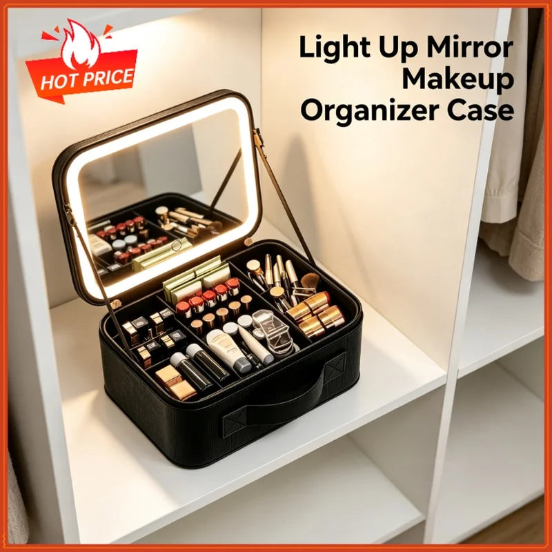 Smart LED Makeup Case with Mirror | Large Travel Cosmetic Bag Travel Cosmetic Case QXL