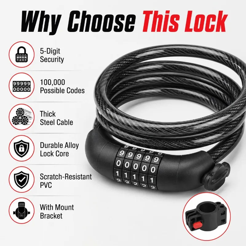 4/5-Digit Bike Combination Cable Lock 110cm | PVC Steel Bicycle Cable Lock QXL