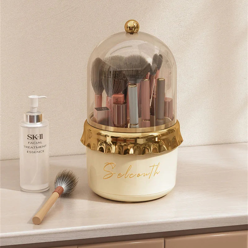 360° Rotating Makeup Brush Holder with Lid | 6-Grid Organizer Makeup Brush Organizer QXL