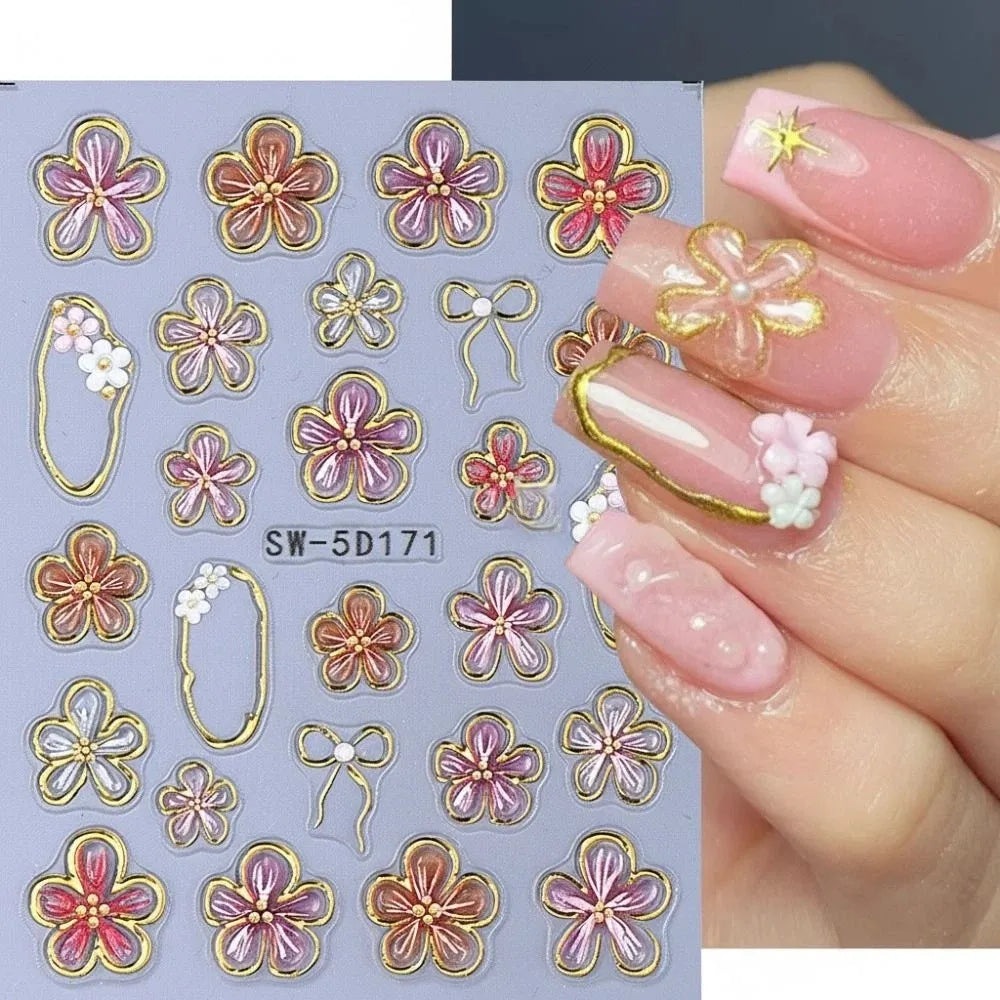 3D Embossed Nail Stickers | French Floral Gold Petal Decals Nail Art Stickers QXL