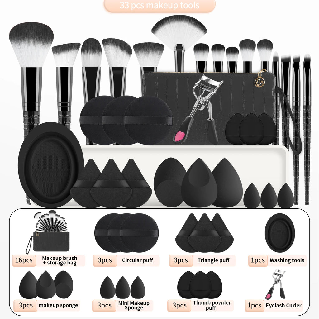 Ronshadow 33-Pc Makeup Brush Set with Sponges & Eyelash Curler Makeup Brush Set QXL