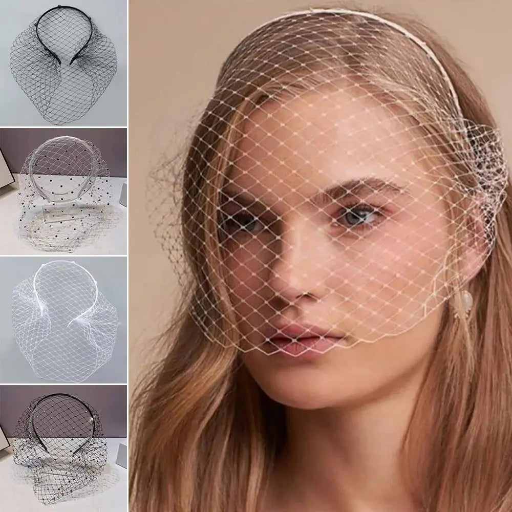 Elegant Veil Headband – Rhinestone & Pearl Mesh Face Cover Veil Headband QXL