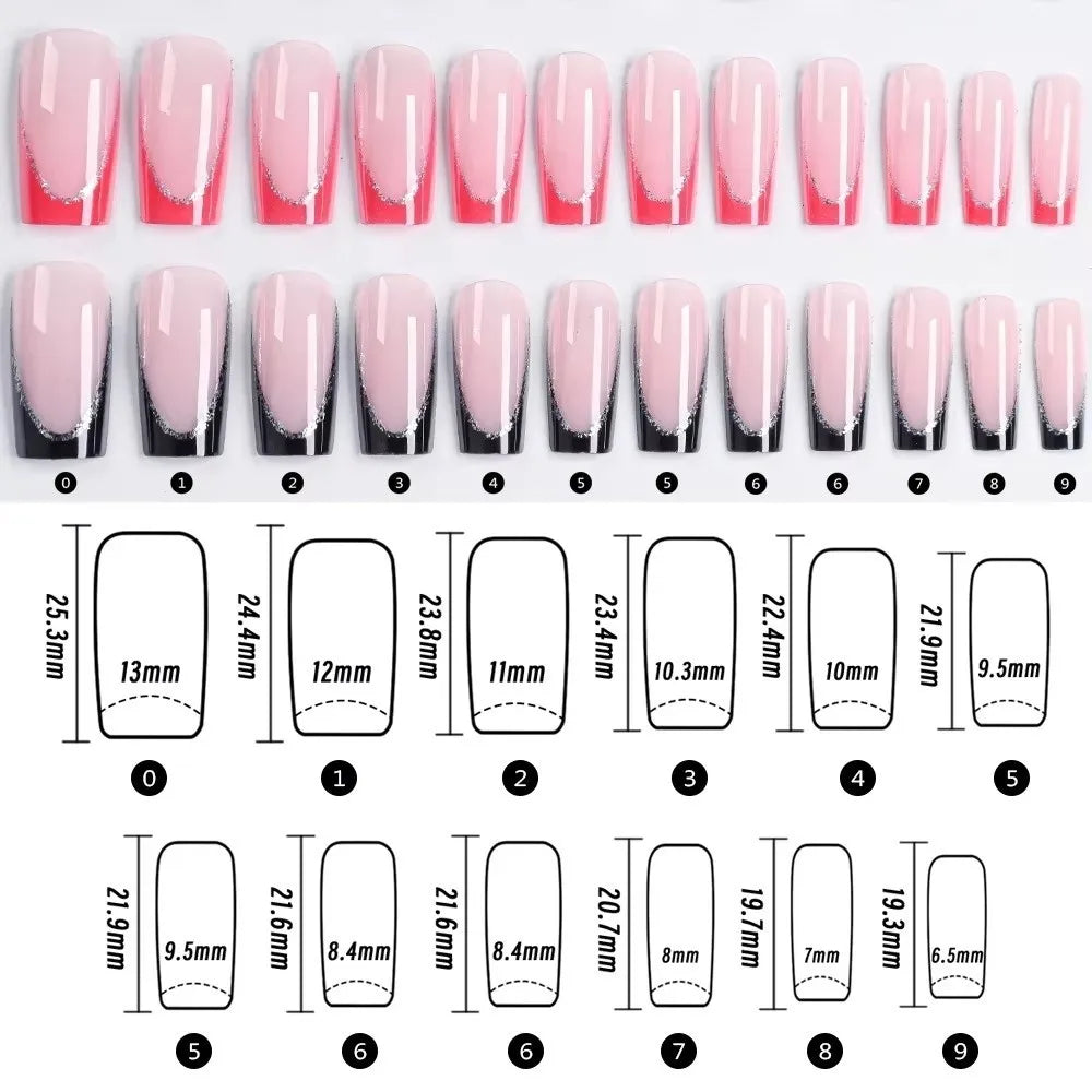 96-Pc Square Press On Nails | Silver Glitter French Style Press On Nails QXL