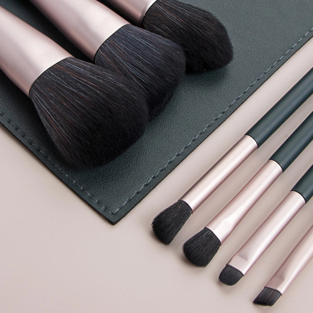 7-Piece Dark Green Makeup Brush Set with Leather Pouch Makeup Brush Set QXL