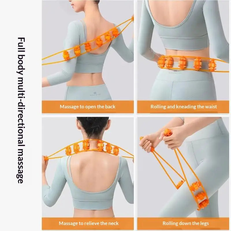 Pull-Back Roller Massager Strap | Portable Back & Neck Tool Handheld Massage Roller QXL