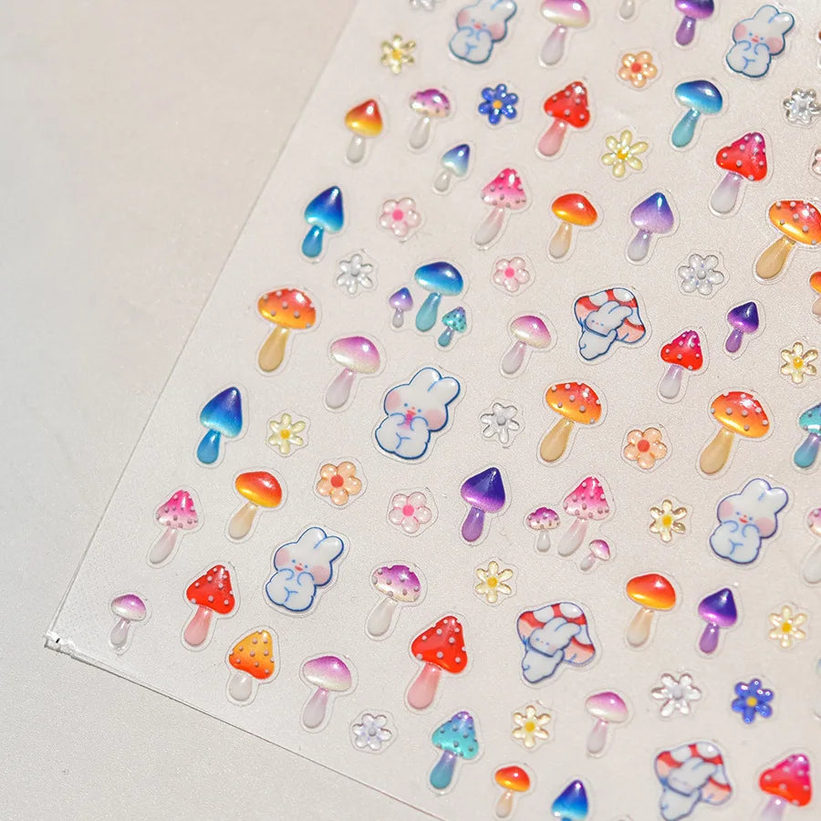5D Kawaii Nail Stickers – Cartoon Mushroom & Rabbit Decals Nail Art Stickers QXL