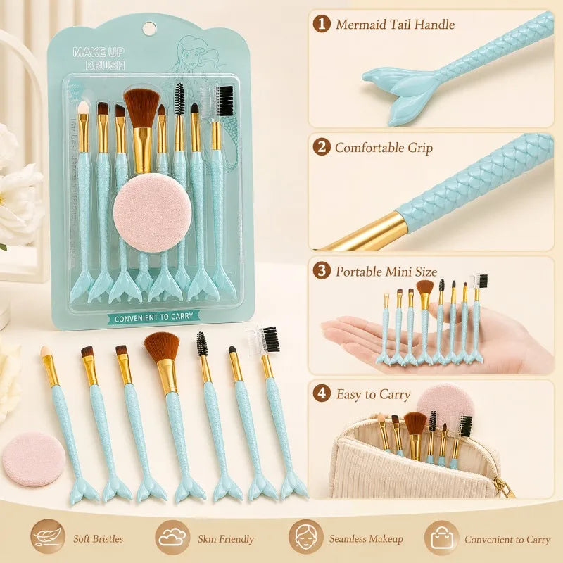 8-Pc Mini Mermaid Tail Makeup Brush Set with Powder Puff Makeup Brush Set QXL