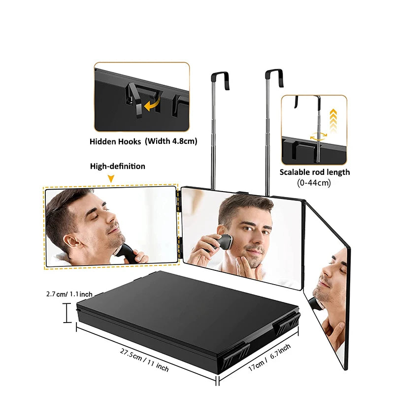 360° Trifold Makeup Mirror | Height-Adjustable Telescoping Hook Trifold Makeup Mirror QXL