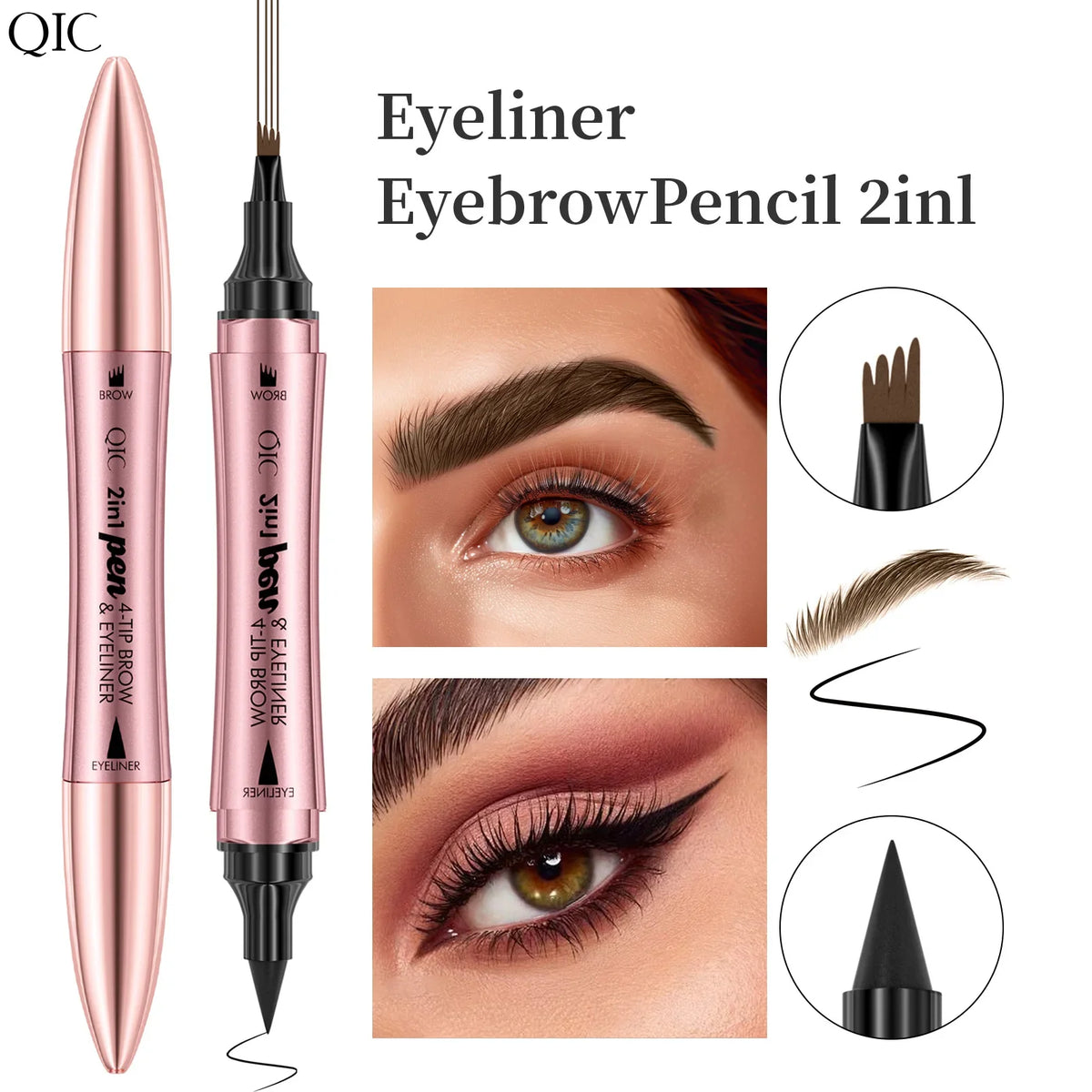 QIC 2-in-1 Waterproof Eyebrow Pen & Eyeliner 4-Fork Tip Eyebrow Pen & Eyeliner QXL