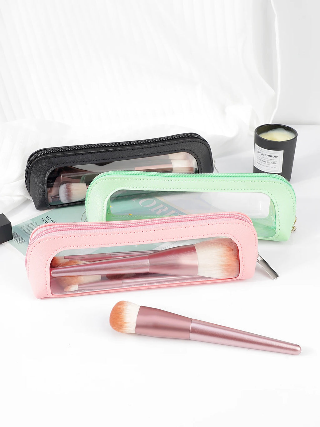 Clear PU Leather Makeup Brush Bag | Travel Cosmetic Organizer Makeup Brush Bag QXL