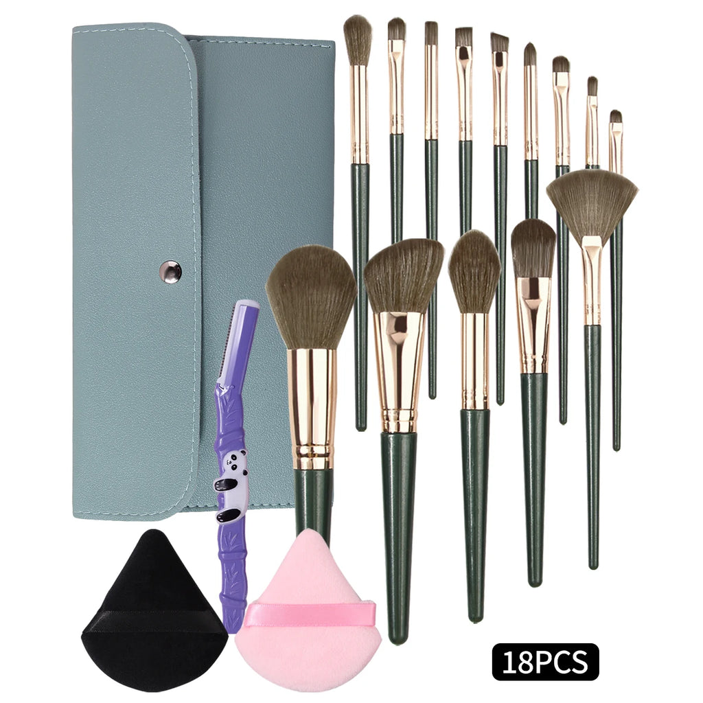 18-Pc Green Makeup Brush Set with Bag, Puffs & Razor Makeup Brush Set QXL green