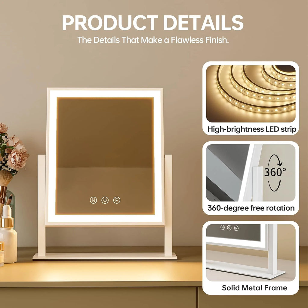 Hollywood Lighted Makeup Mirror | 3-Color Dimmable, 360° Rotation Lighted Vanity Mirror QXL