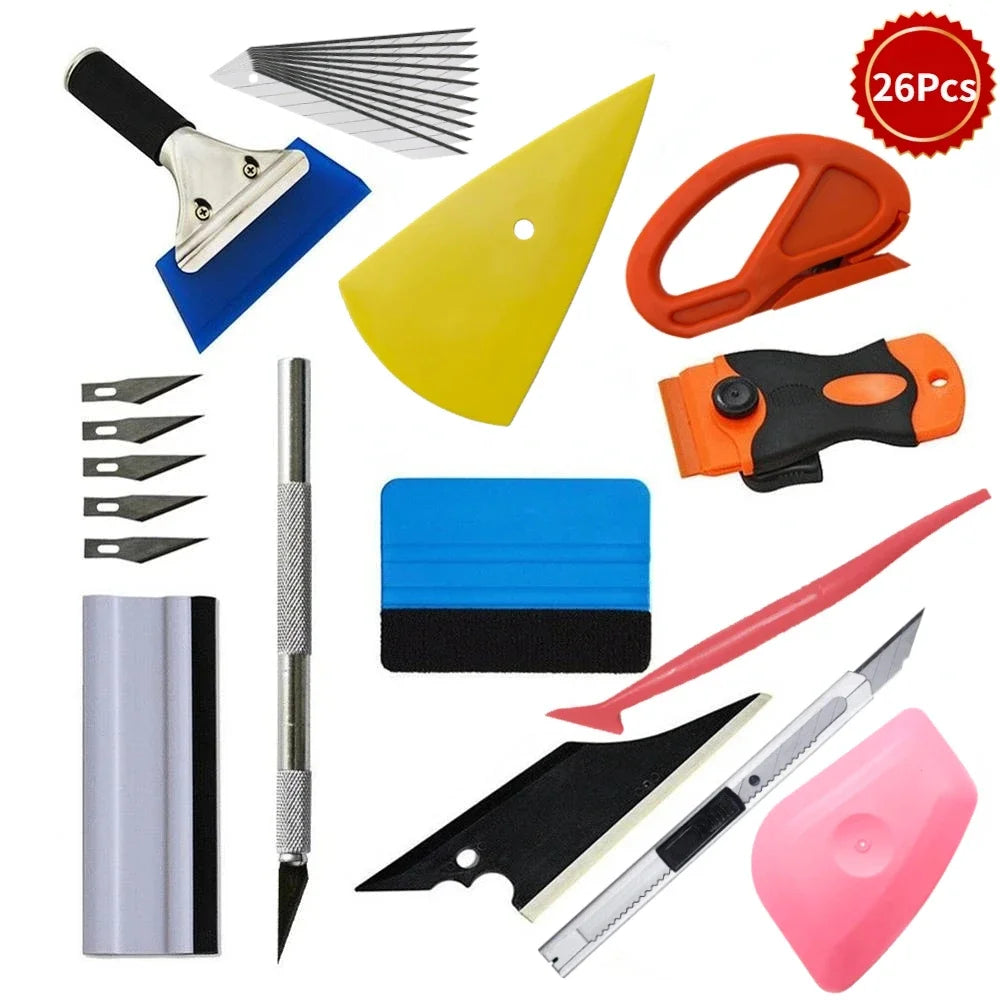 New Car Vinyl Tint Film Installation Tool Kit Rubber Scraper Magnetic Holder Wrapping Sticker Carving Knife with Spare Blades QXL Set 7-26Pcs