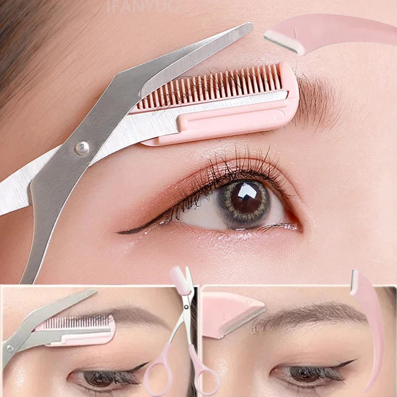 2-Pc Crescent Moon Eyebrow Trimmer & Scissors Set with Comb Eyebrow Trimmer Set QXL