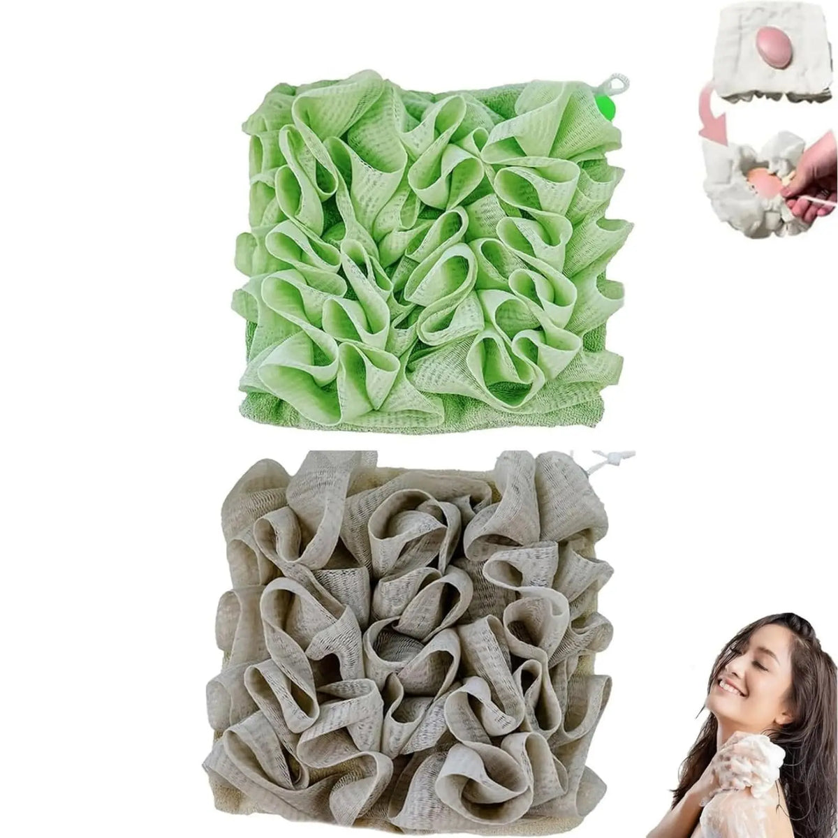 2-Pack 2-in-1 Mesh Loofah & Soap Storage Washcloth Set Exfoliating Bath Loofah QXL green grey Bath towel nylon