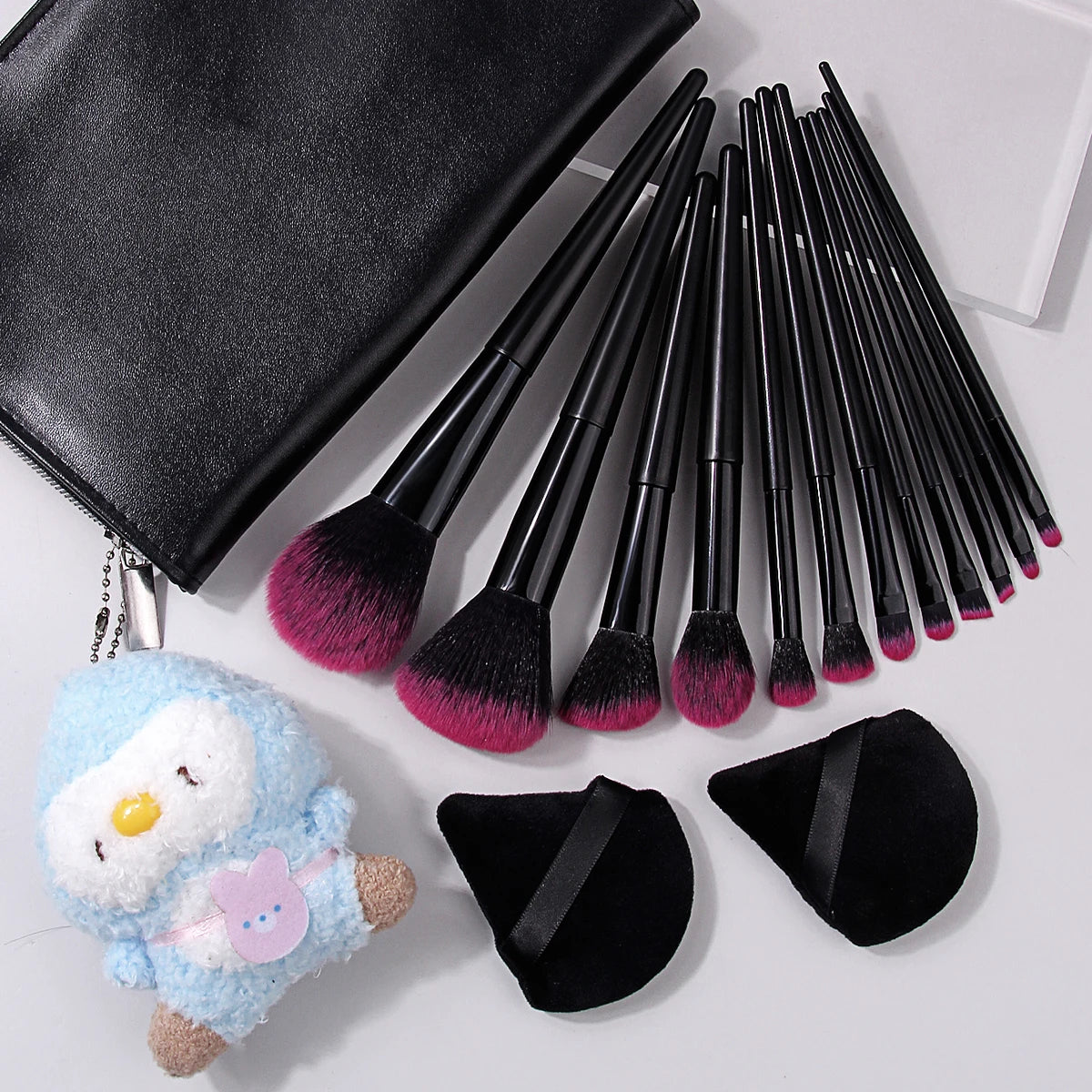 KOSSHOW 16-Piece Makeup Brush Set with PU Bag | Pink & Black Makeup Brush Set QXL