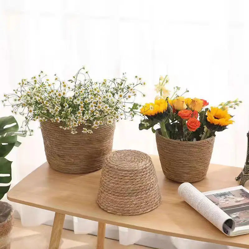 Handwoven Straw Flower Pot Basket with Handles | Eco Planter Woven Planter Basket QXL