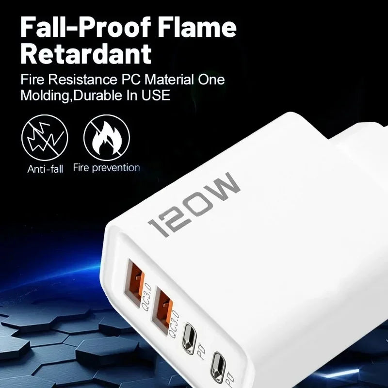 4-Port 120W USB-C Fast Charger | PD & QC3.0 Wall Adapter USB-C Wall Charger QXL