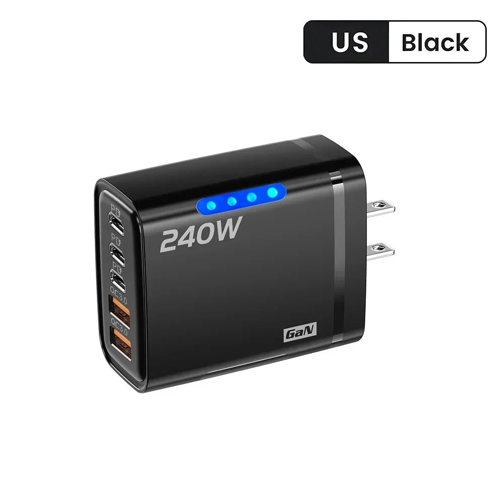 240W 5-Port USB-C PD & QC 3.0 Fast Wall Charger Adapter Multi-Port Wall Charger QXL Black US