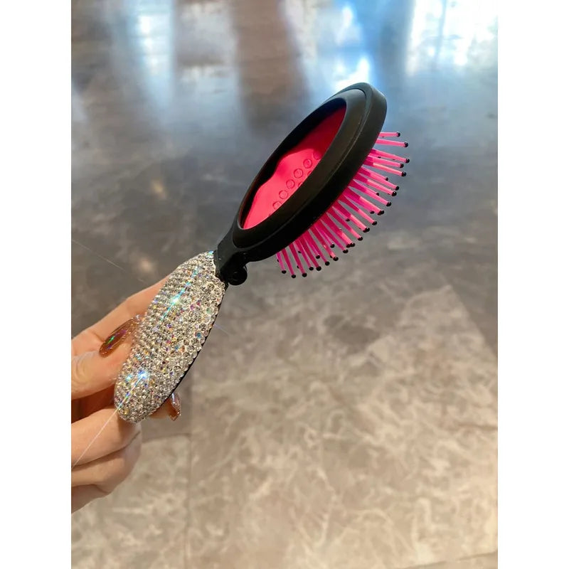 Folding Mini Air Cushion Comb with Diamond Mirror | Portable Folding Hair Comb QXL