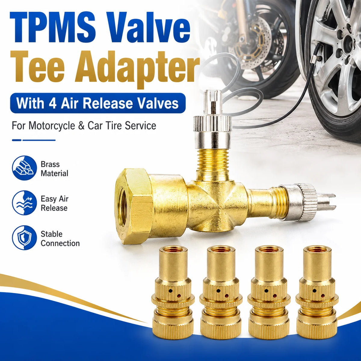 TPMS Valve Tee Adapter 3-Way Kit + 4 Air Release Valves Tire Valve Adapter Kit QXL