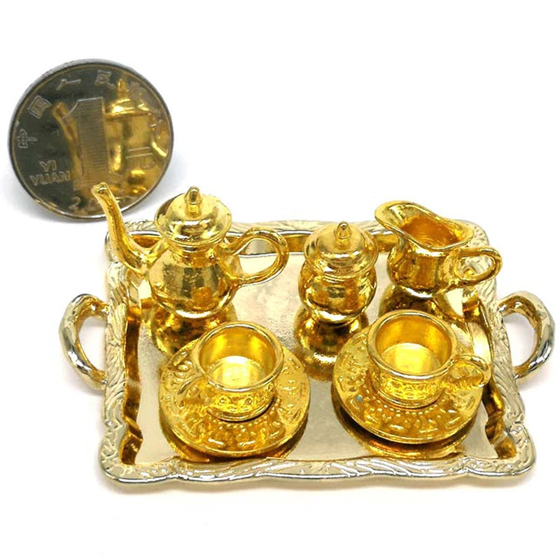 10-Pc 1:12 Dollhouse Miniature Metal Tea Cup & Plate Set Dollhouse Miniature Set QXL