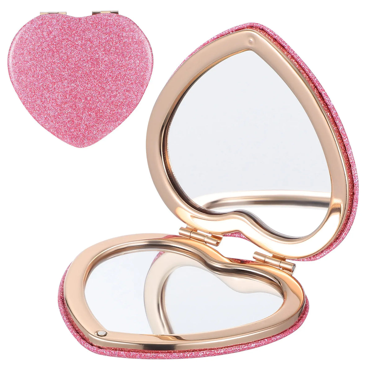 Heart-Shaped Dual-Sided Compact Folding Makeup Mirror | Glitter Compact Makeup Mirror QXL