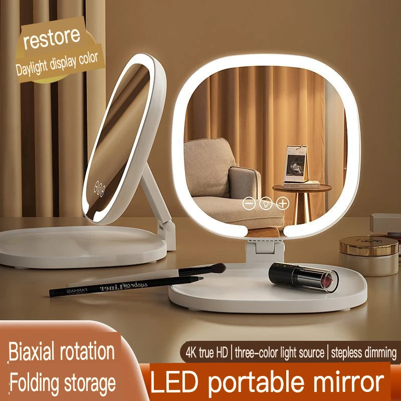 LED Folding Makeup Mirror 3-Tone Light | Oval Desktop Mirror LED Makeup Mirror QXL