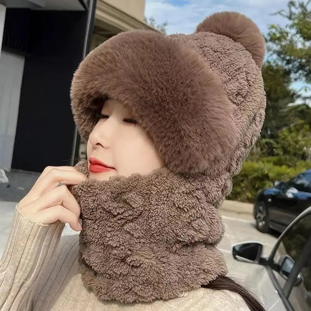 Women's Plush Hooded Winter Beanie | Windproof Fleece Hat Hooded Winter Beanie QXL