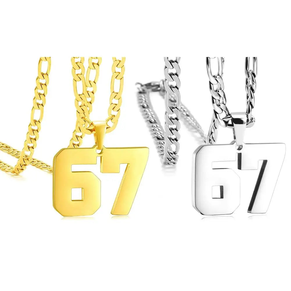 67 Number Pendant Necklace | Gold-Tone Figaro Chain Unisex Gift Number Pendant Necklace QXL