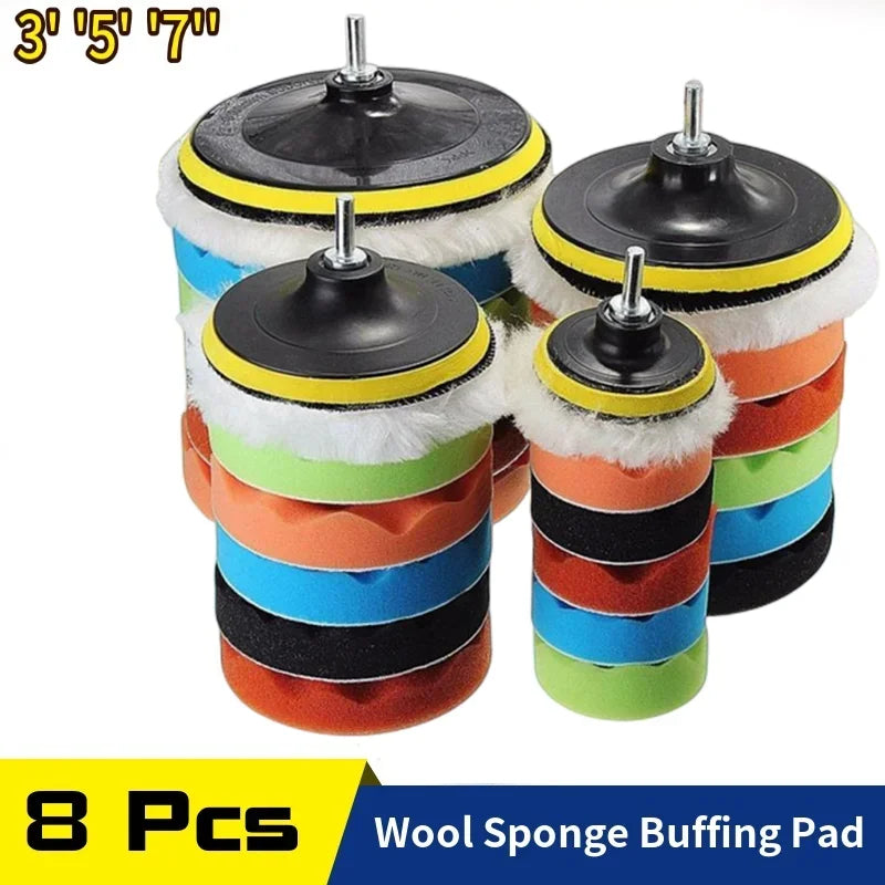 8-Piece Car Buffing Polishing Pad Kit 3/5/7 Inch + Drill Adapter Car Polishing Pad Kit QXL