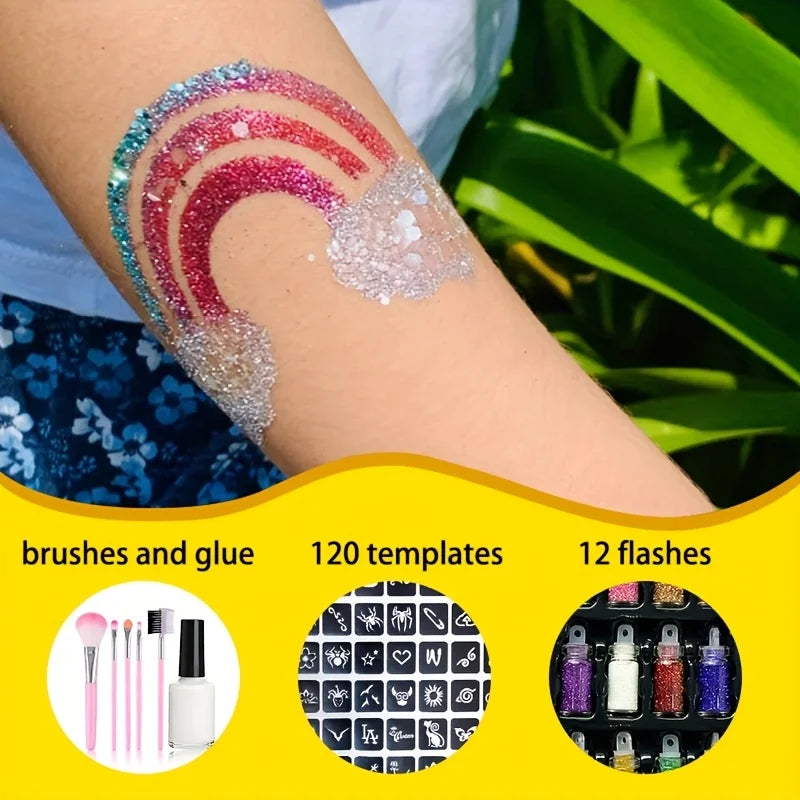 12-Color Temporary Tattoo Glitter Kit | Glue, Brushes & Stencils Body Glitter Kit QXL
