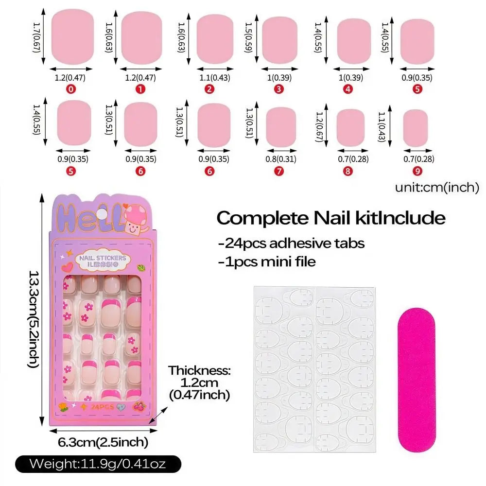 24-Pack Kids Press On Nails – Black Flower French Almond Tips Press-On Nail Set QXL