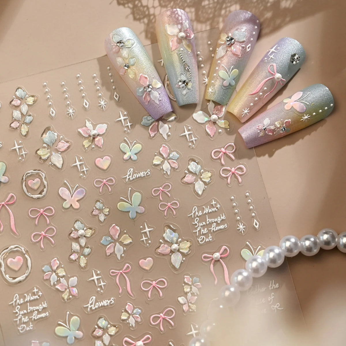 5D Butterfly Bow Nail Stickers | Y2K Lolita Pearl Decals Nail Art Stickers QXL