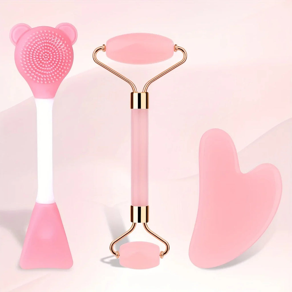 Jade & Rose Quartz Facial Roller & Gua Sha Scraping Set Facial Roller Set QXL pink