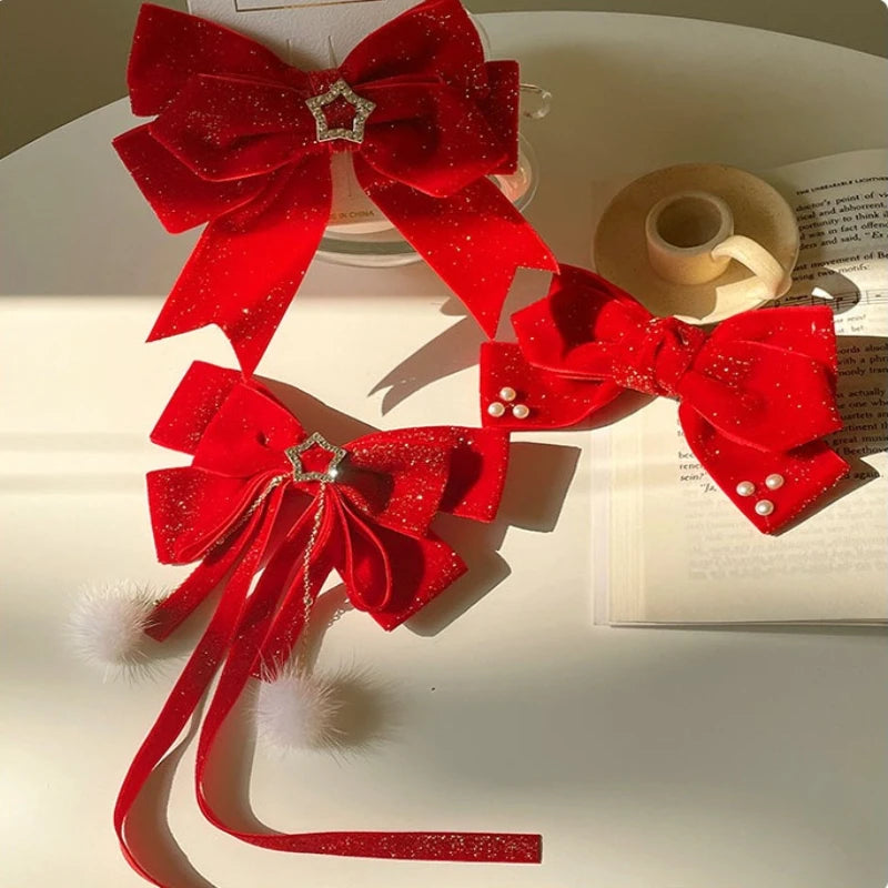 Red Gold Bow Hair Clip | Christmas Holiday Hair Accessory Bow Hair Clip QXL