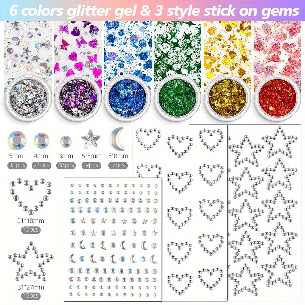 Glitter Hair Gel Set – 6 Colors, Gem Stickers & Rhinestones Glitter Hair & Body Set QXL