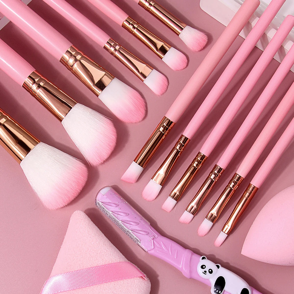 15-Pc Pink Makeup Brush Set | Sponge, Puff & Eyebrow Razor Makeup Brush Set QXL
