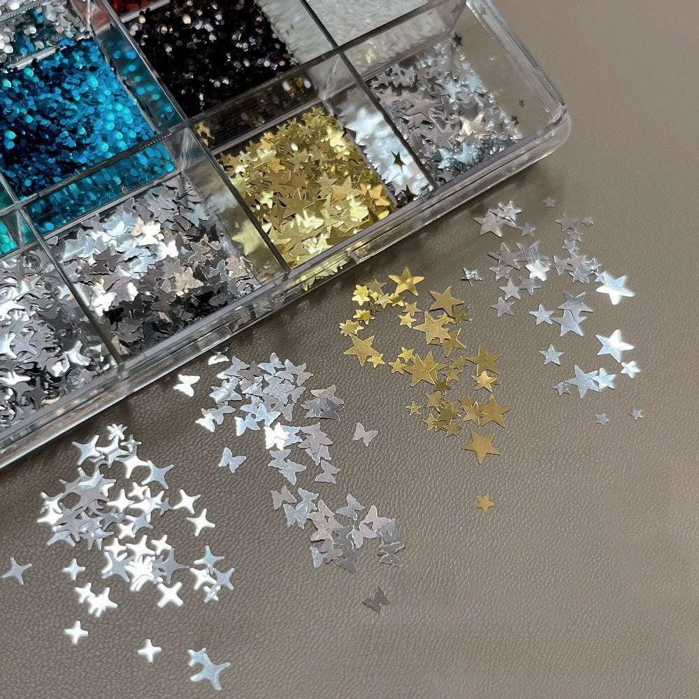 12-Grid Nail Art Sequins Kit | Glitter Flakes Stars & Dots Nail Art Glitter Set QXL