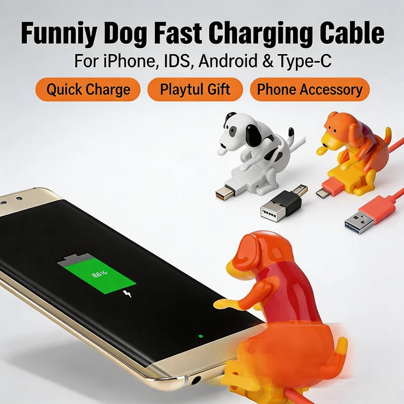 Funny Animated Dog Charging Cable – iPhone, USB-C & Android Novelty Charging Cable QXL