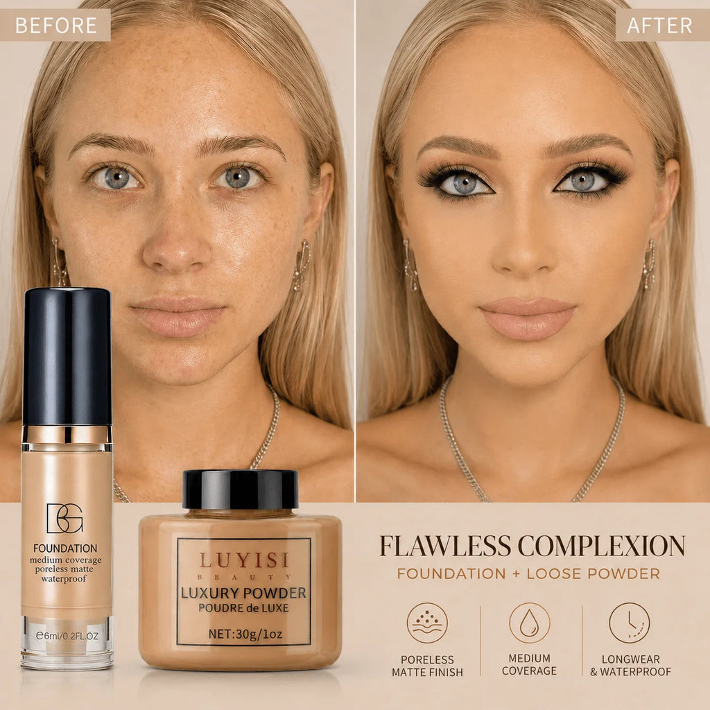 Matte Loose Powder & Waterproof Foundation Makeup Set Face Makeup Set QXL