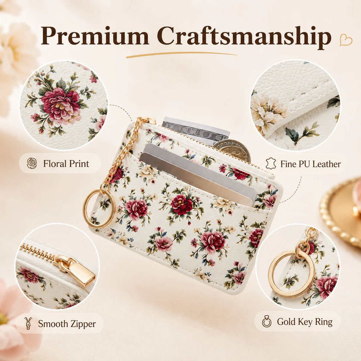 Floral Mini Card Holder Wallet | Coin Purse & Card Organizer Mini Card Wallet QXL