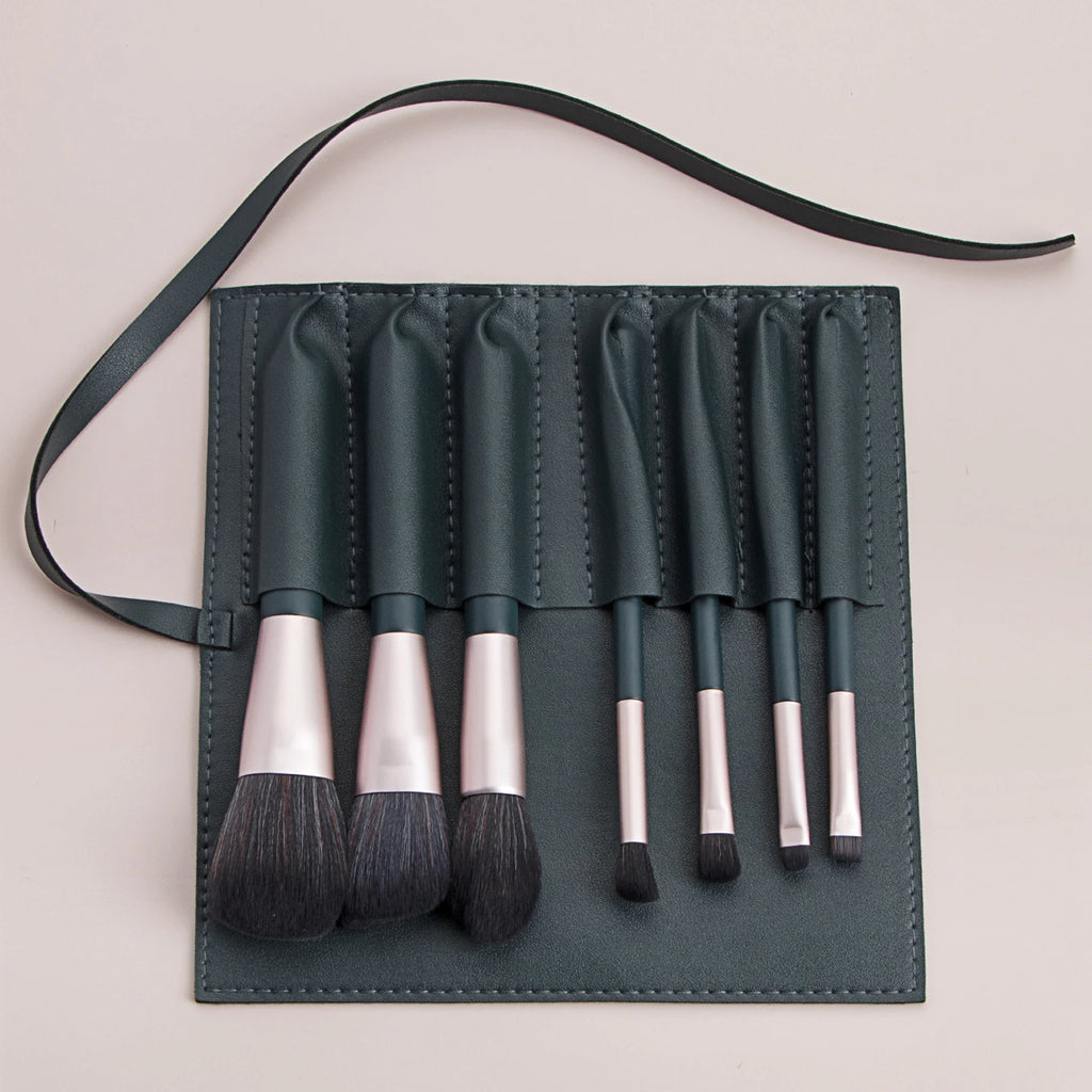7-Piece Dark Green Makeup Brush Set with Leather Pouch Makeup Brush Set QXL