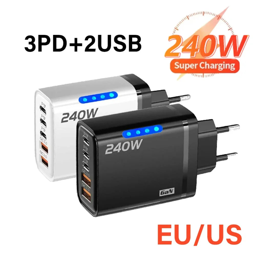 240W GaN USB-C PD Fast Charger 5-Port QC3.0 Adapter USB-C Fast Charger QXL