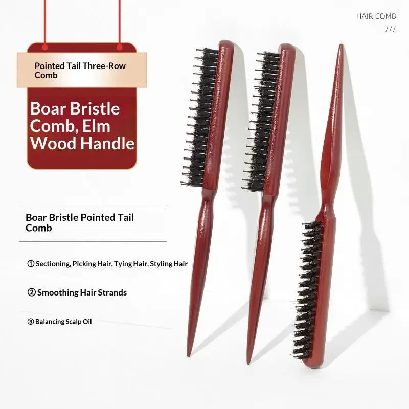 3-Row Boar Bristle Teasing Comb | Wooden Handle, All Hair Boar Bristle Comb QXL
