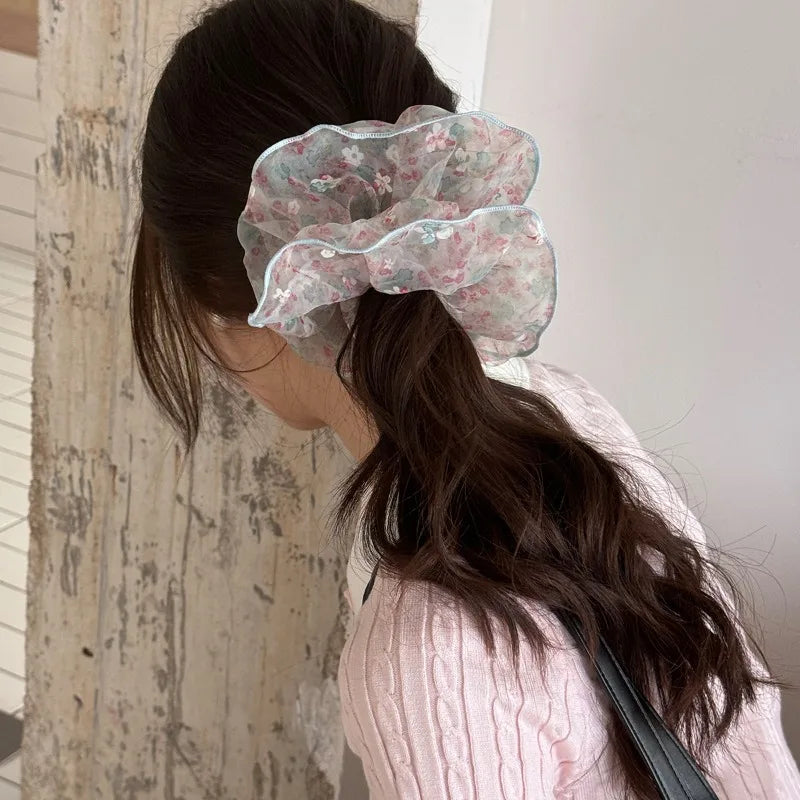 Puffy Bubble Gauze Floral Scrunchie | Korean Mori Style Floral Hair Scrunchie QXL