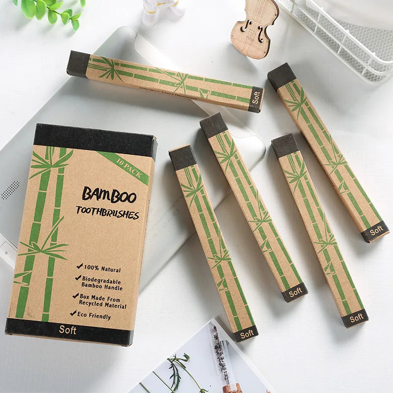 10-Pack Bamboo Toothbrushes | BPA-Free, Eco-Friendly, Soft Bristles Bamboo Toothbrush Set QXL