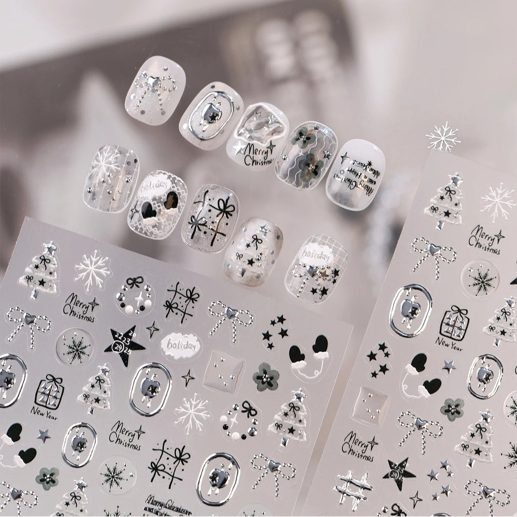 Christmas 5D Nail Stickers – Silver Snowflake & Tree Decals Nail Art Stickers QXL
