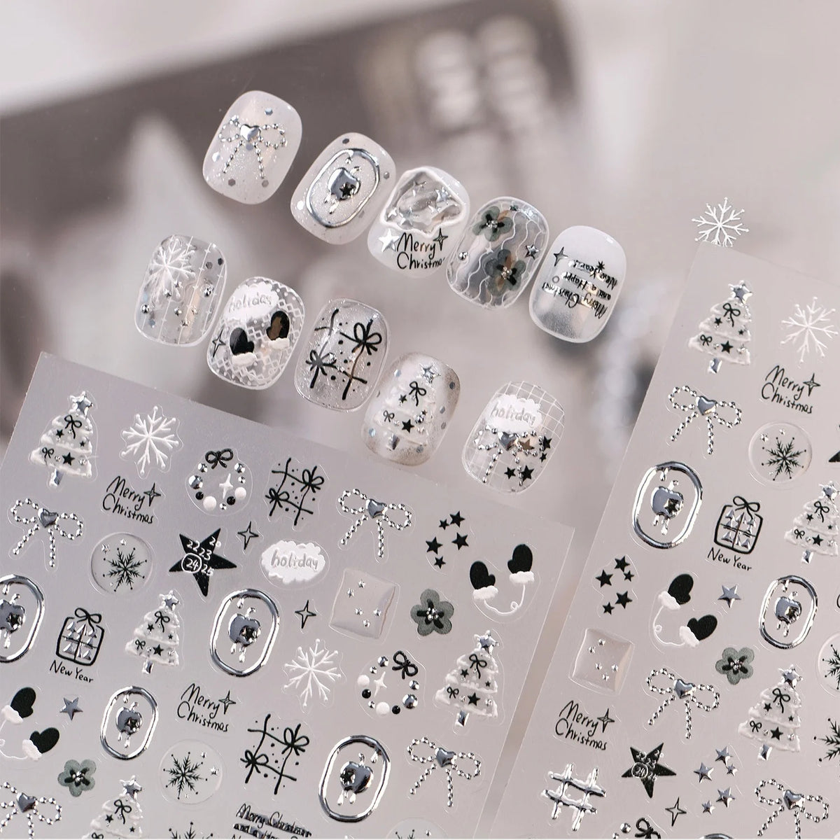 Christmas 5D Nail Stickers – Silver Snowflake & Tree Decals Nail Art Stickers QXL